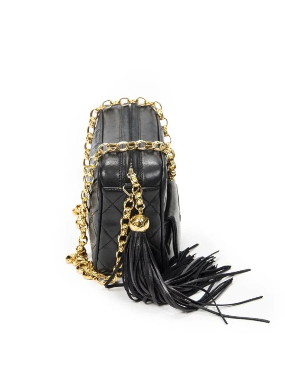 Chanel CC Logo Fringe Chain Shoulder Bag Black Quilted Lambskin Leather
